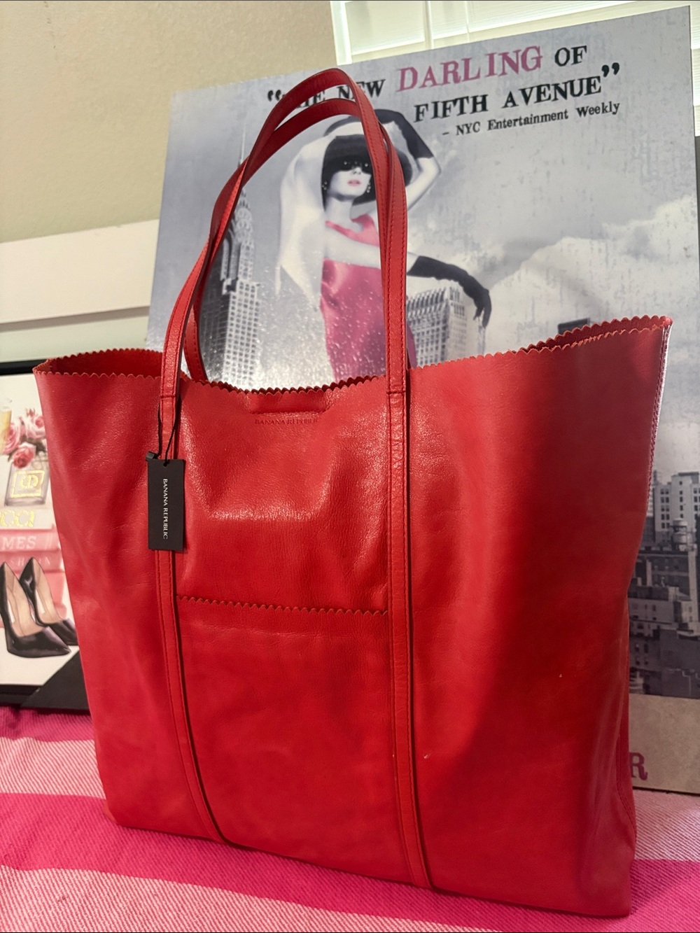 Banana Republic Red Leather Scalloped-Top Tote